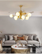 (TLD) Glass Glob Retractable Ceiling Fan + Chandelier Light (with Remote Control)