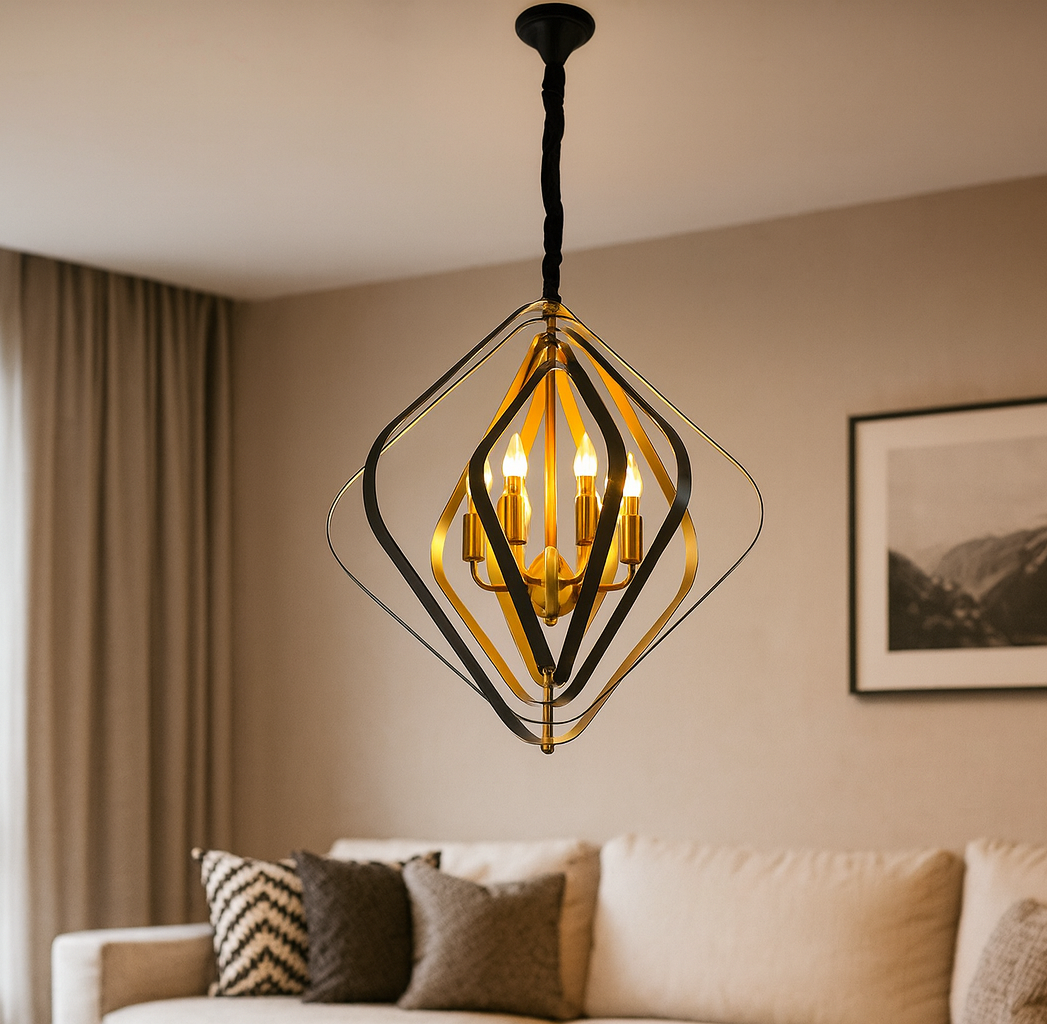 (TLD) Modern Geometric 6-Light Gold & Black Sculpted Metal Frame Chandelier