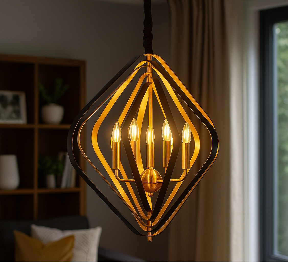 (TLD) Modern Geometric 6-Light Gold & Black Sculpted Metal Frame Chandelier