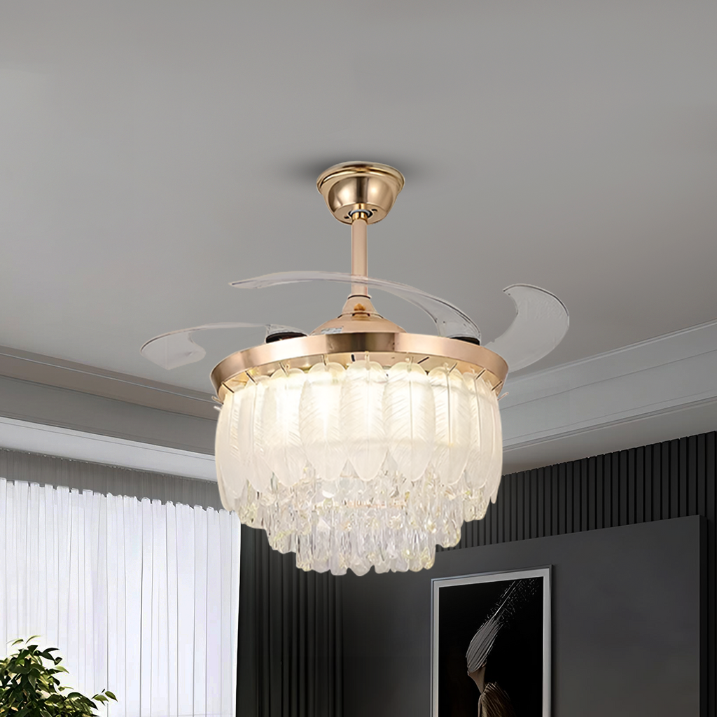 (TLD) Crystal Leaf Retractable Ceiling Fan + Chandelier Light (with Remote Control)