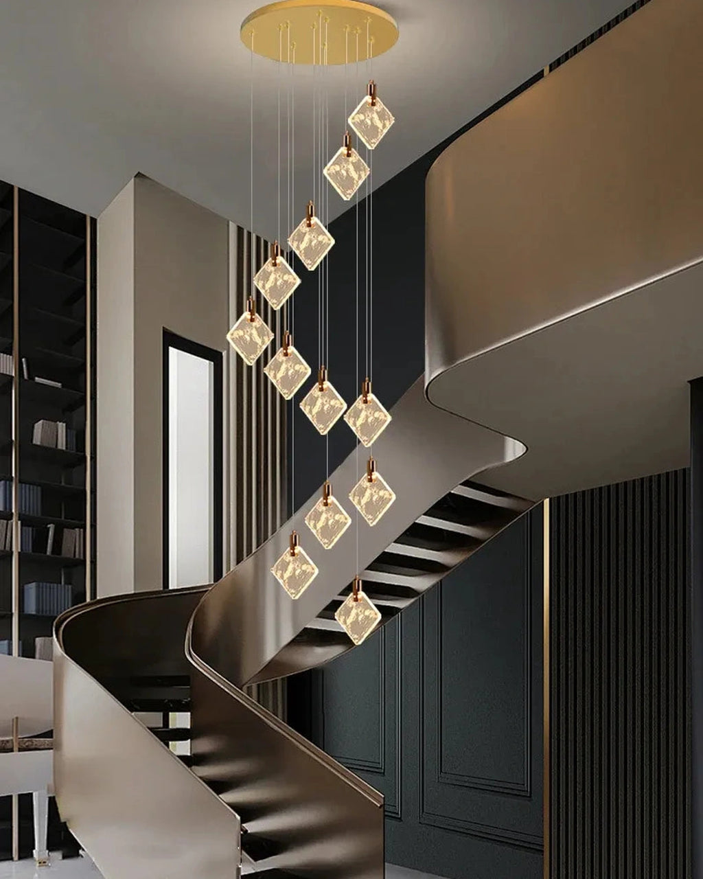 (TLD) Modern Gold Long Spiral Crystal Chandelier 12 Lights