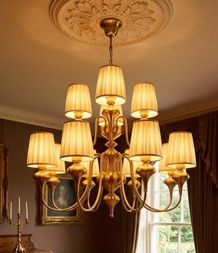 (TLD) VICTORIA 8+4-Light Vintage Fabric Chandelier in Antique Brass Finish