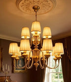 (TLD) VICTORIA 8+4-Light Vintage Fabric Chandelier in Antique Brass Finish
