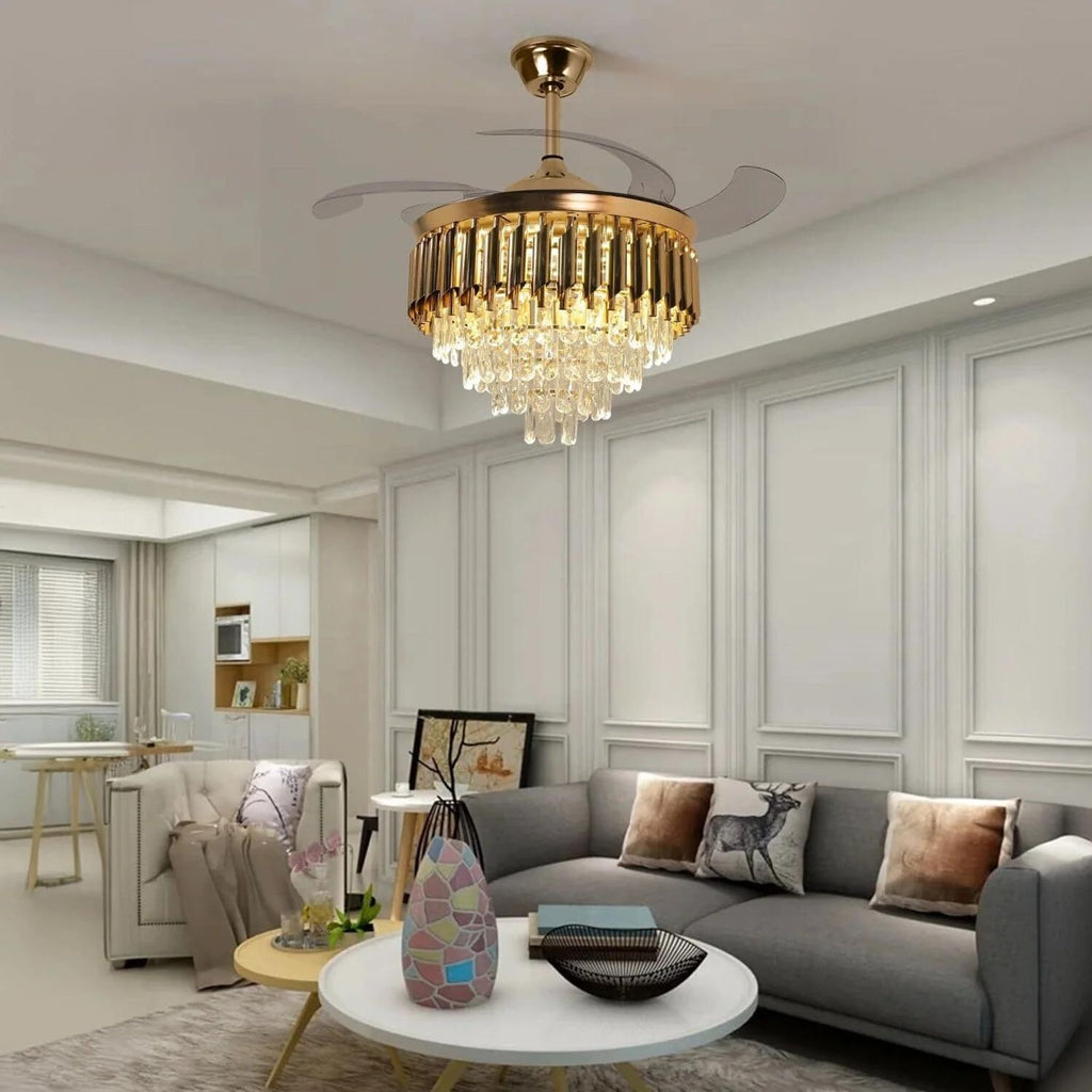 (TLD) Golden Cascade Crystal Retractable Ceiling Fan + Chandelier Light (with Remote Control)