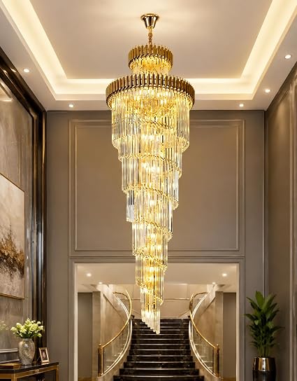 (TLD) Golden Luxury Geminus Long Crystal Chandelier