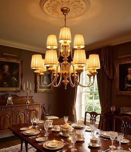 (TLD) VICTORIA 8+4-Light Vintage Fabric Chandelier in Antique Brass Finish