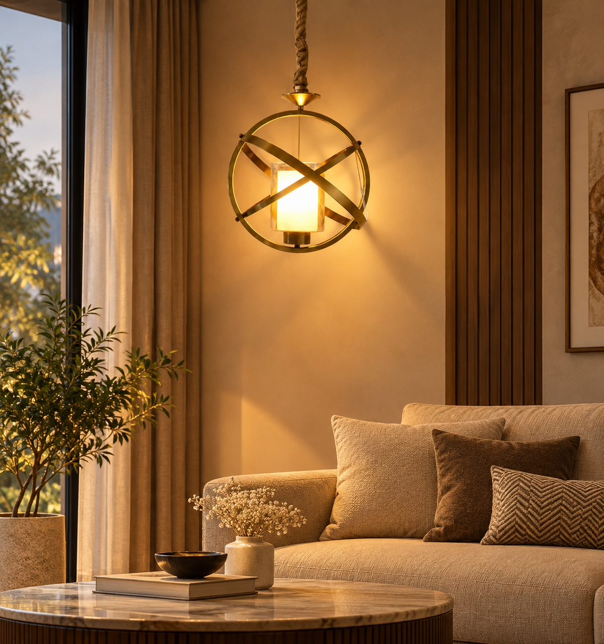 (TLD) Modern Brass Globe Cage Pendant Light