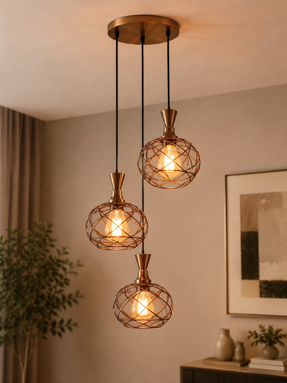 (TLD) Vintage Brass Wire Globe Cluster Pendant Light