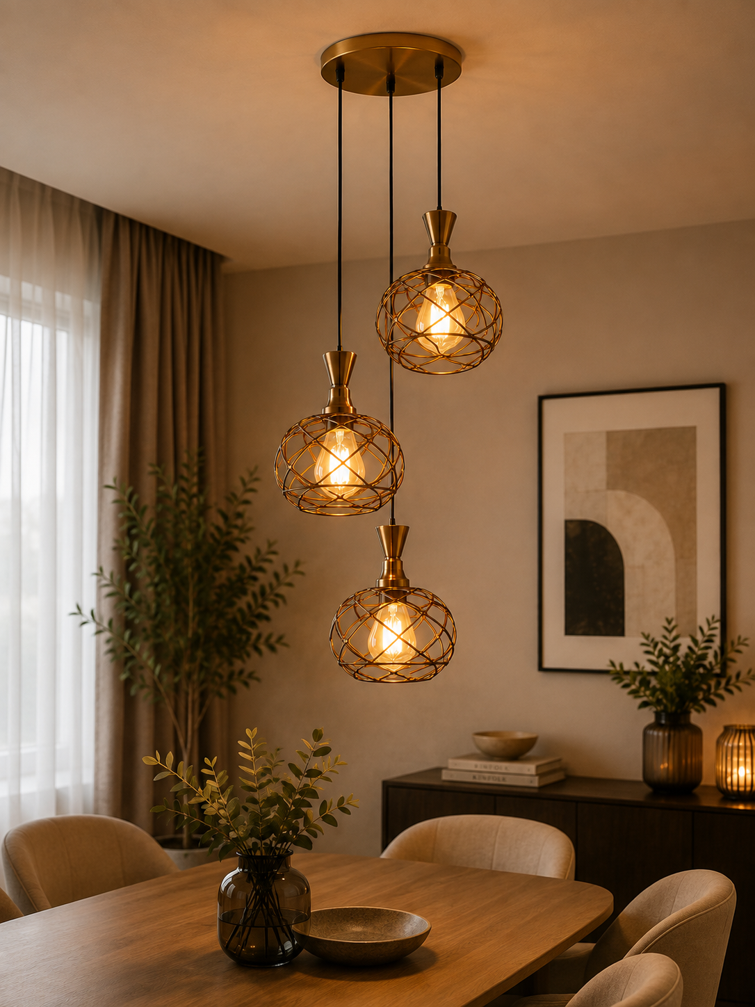 (TLD) Vintage Brass Wire Globe Cluster Pendant Light