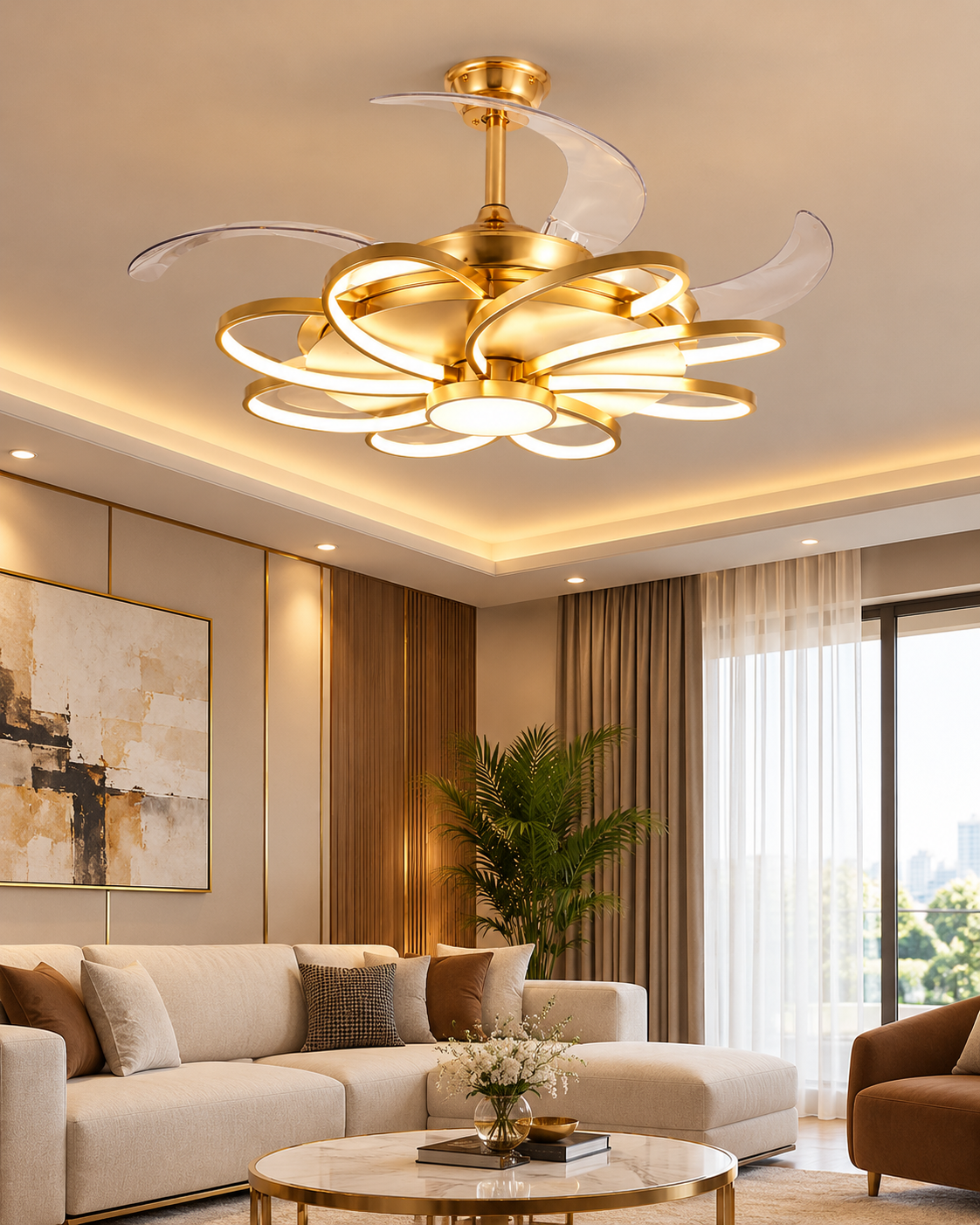 (TLD) Floraglow Retractable Ceiling Fan + Chandelier Light (with Remote Control)