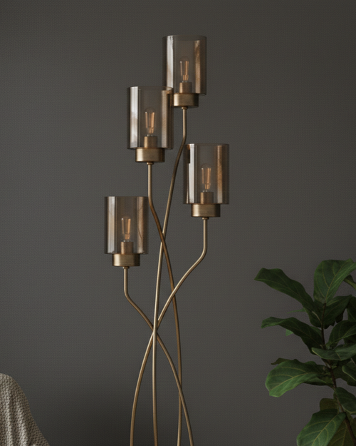 (TLD) Antique Gold, Smokey Grey Glass Floor Lamp