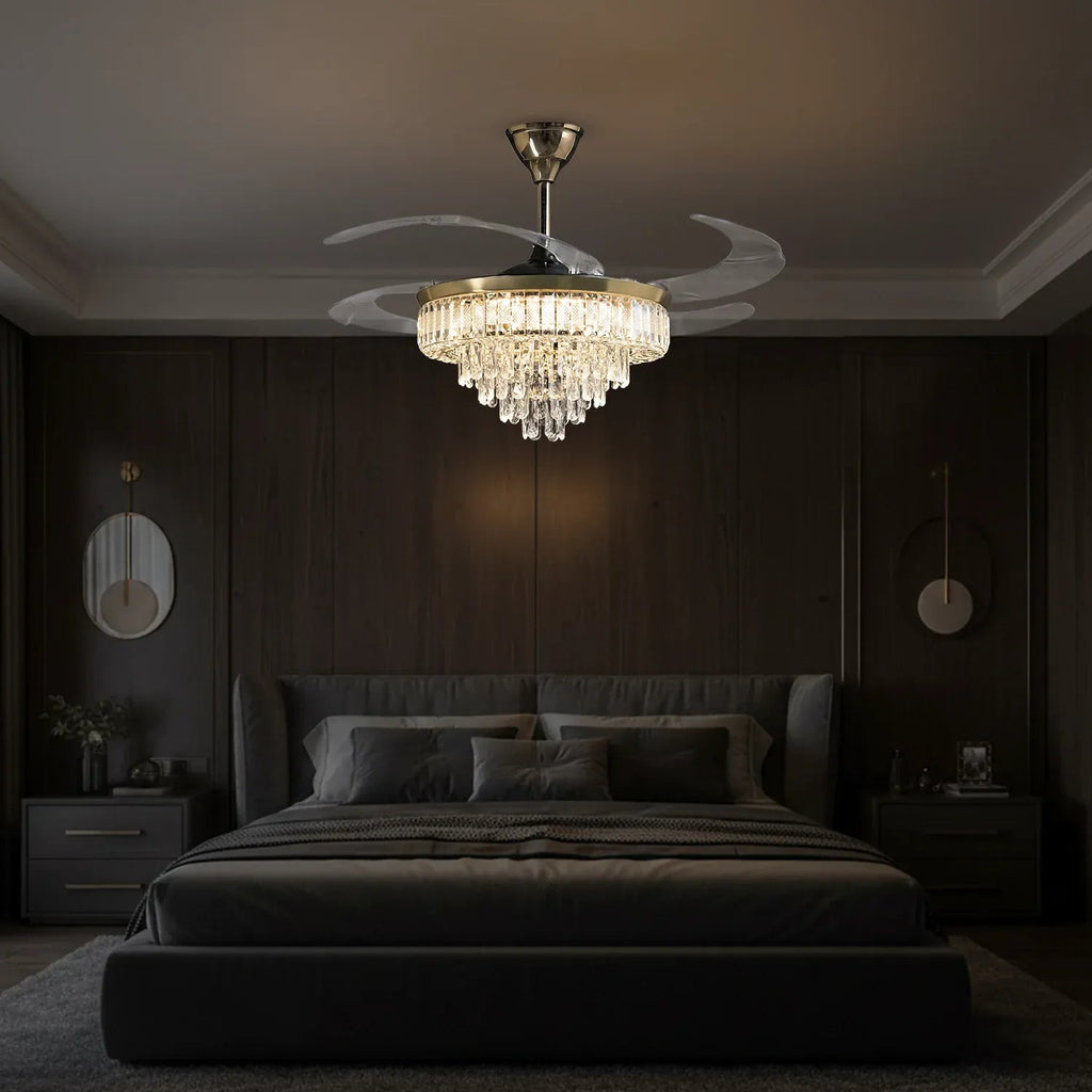 (TLD) Crystal Ring Retractable Ceiling Fan + Chandelier Light (with Remote Control)