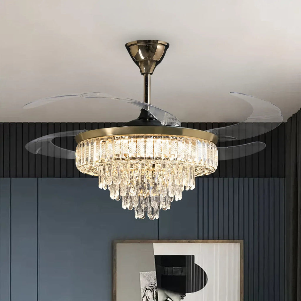 (TLD) Crystal Ring Retractable Ceiling Fan + Chandelier Light (with Remote Control)