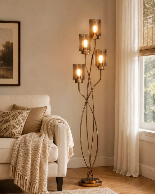 (TLD) Antique Gold, Smokey Grey Glass Floor Lamp