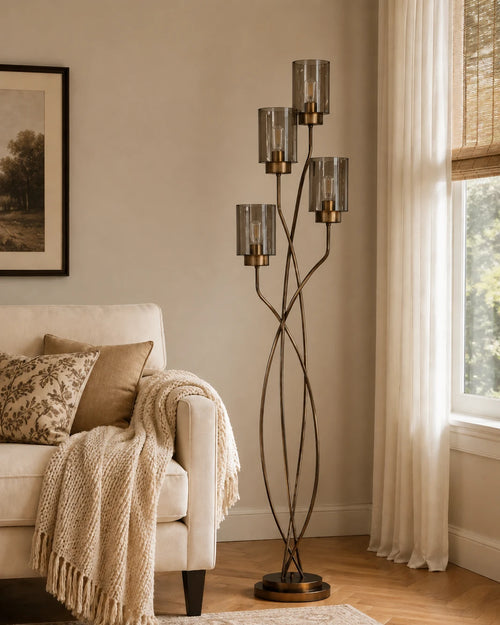 (TLD) Antique Gold, Smokey Grey Glass Floor Lamp