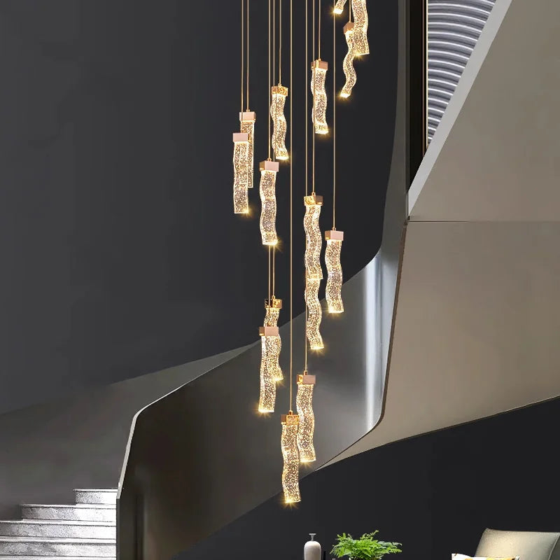 (TLD) Modern Gold Long Crystal Hanging Light Fixture 16 lights