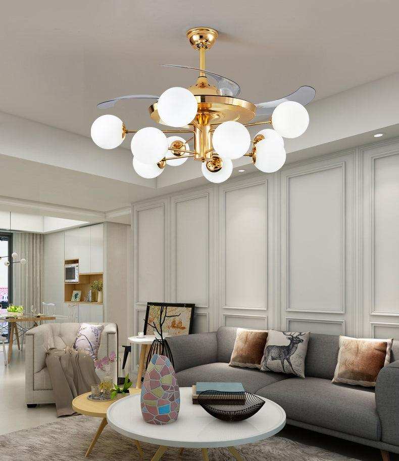 (TLD) Glass Glob Retractable Ceiling Fan + Chandelier Light (with Remote Control)