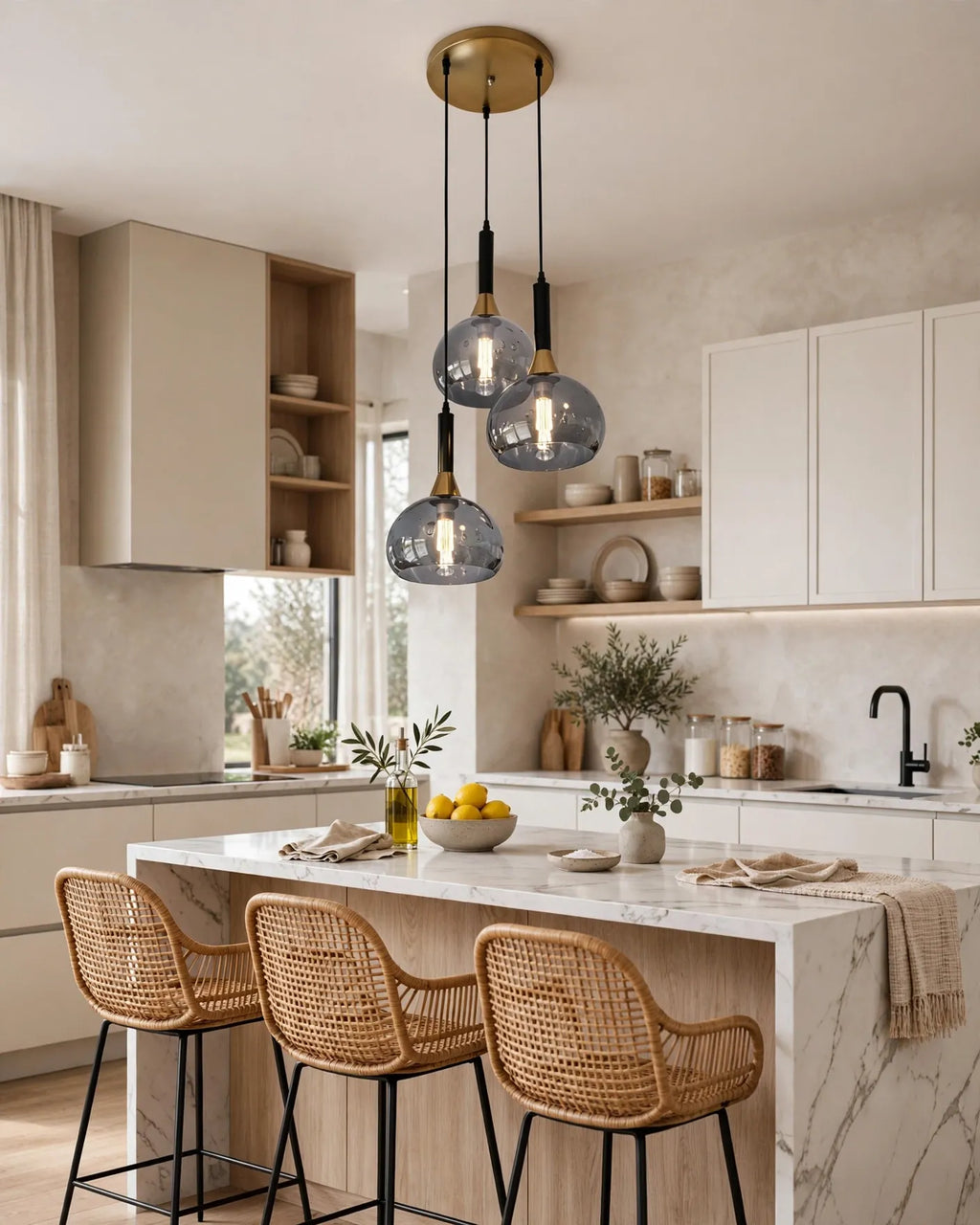 (TLD)  Smoky Grey Bubble Trio Hanging Light
