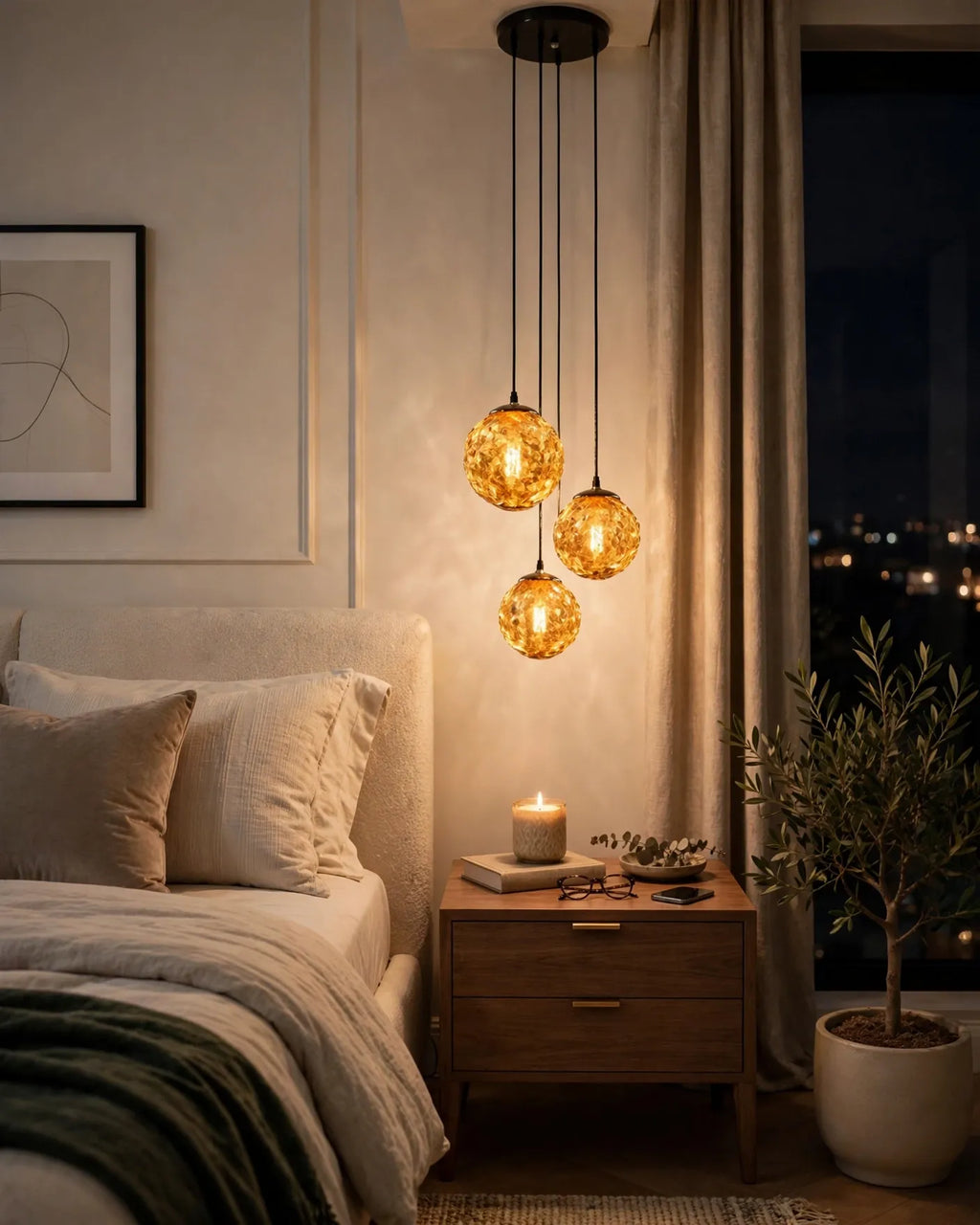 (TLD)  Amber Crackle Glass Ball Cluster Hanging Light