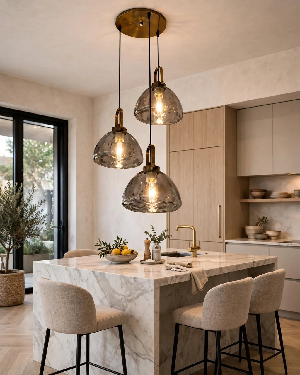 (TLD)  Trio Dome - Smoked Amber Glass Pendant Chandelier