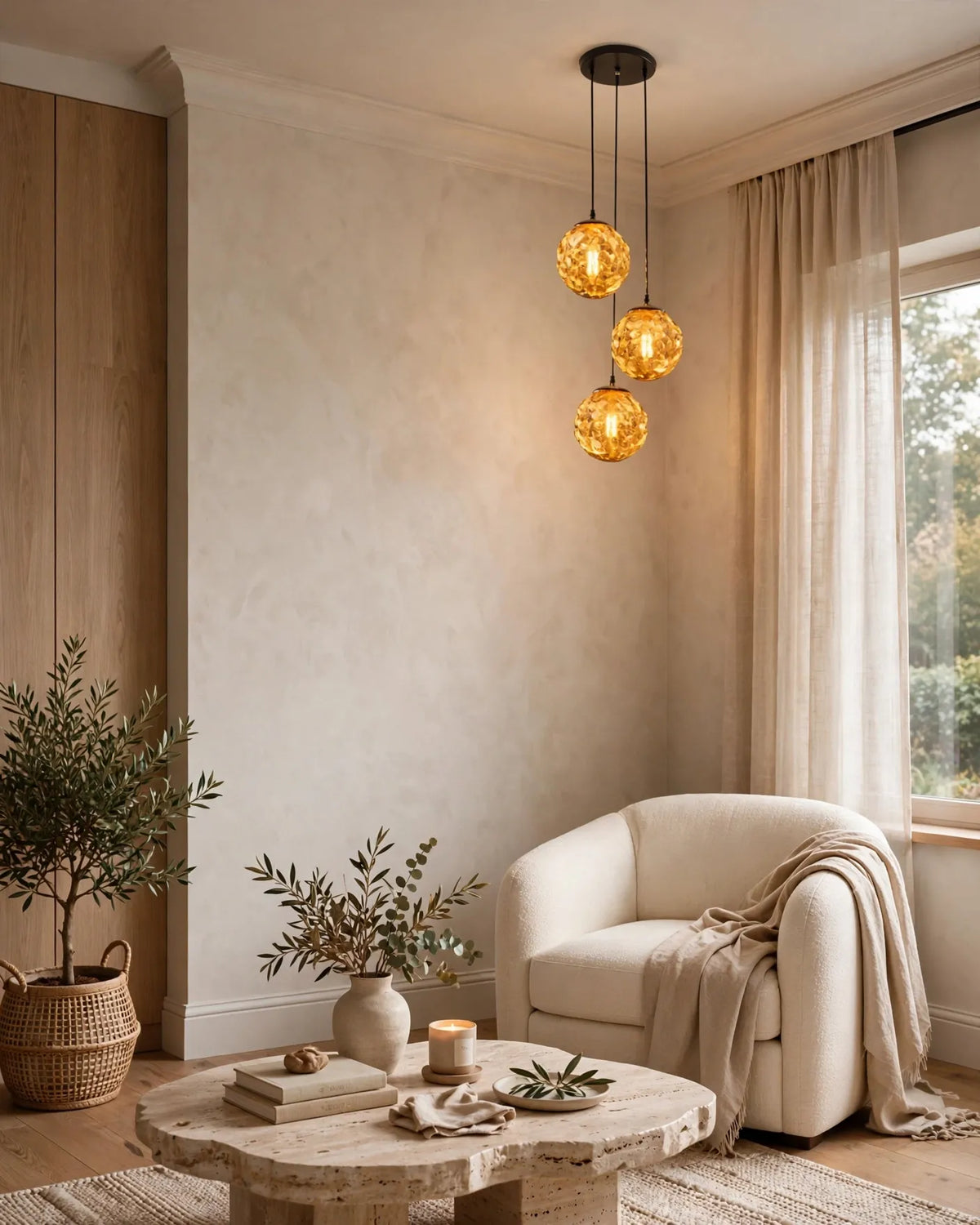 (TLD)  Amber Crackle Glass Ball Cluster Hanging Light