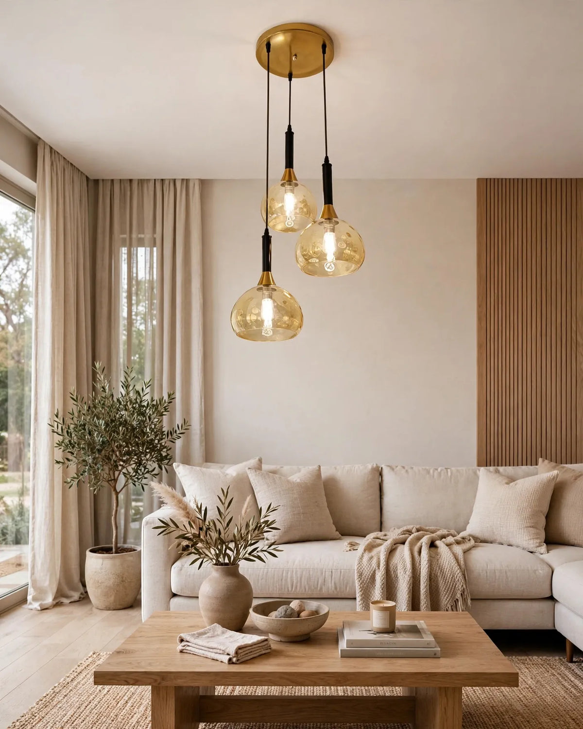 (TLD)  Golden Honey Bubble Trio Hanging Light