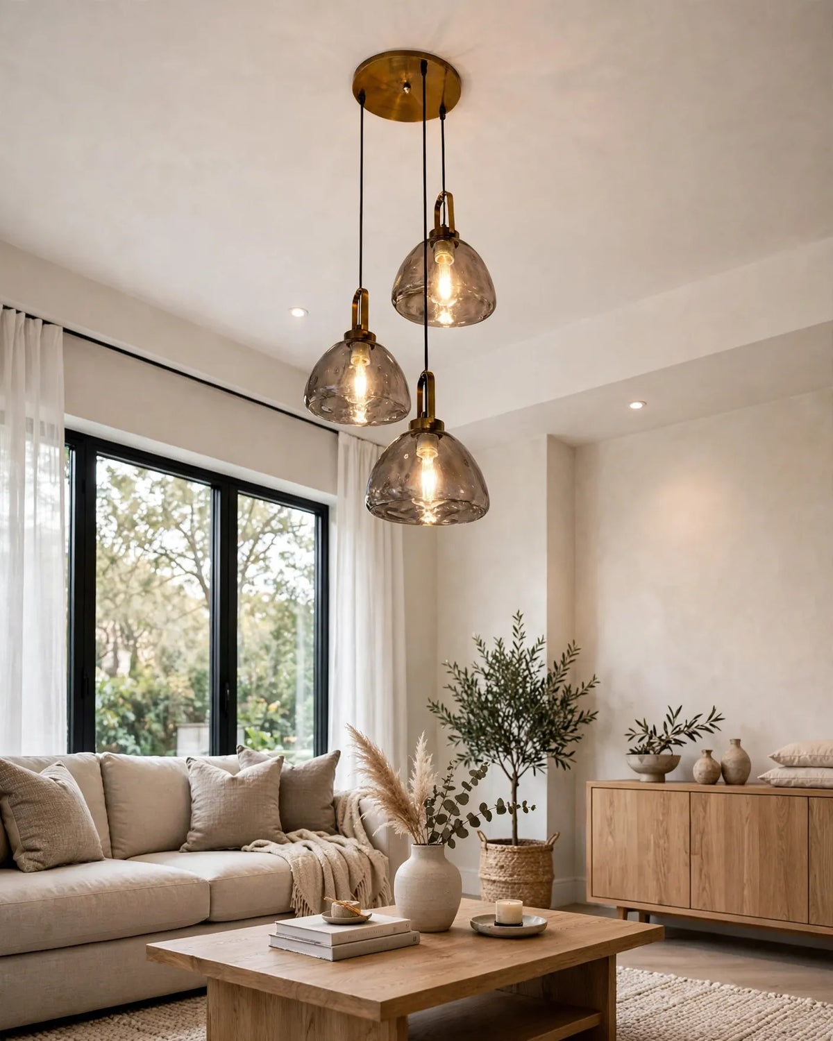 (TLD)  Trio Dome - Smoked Amber Glass Pendant Chandelier