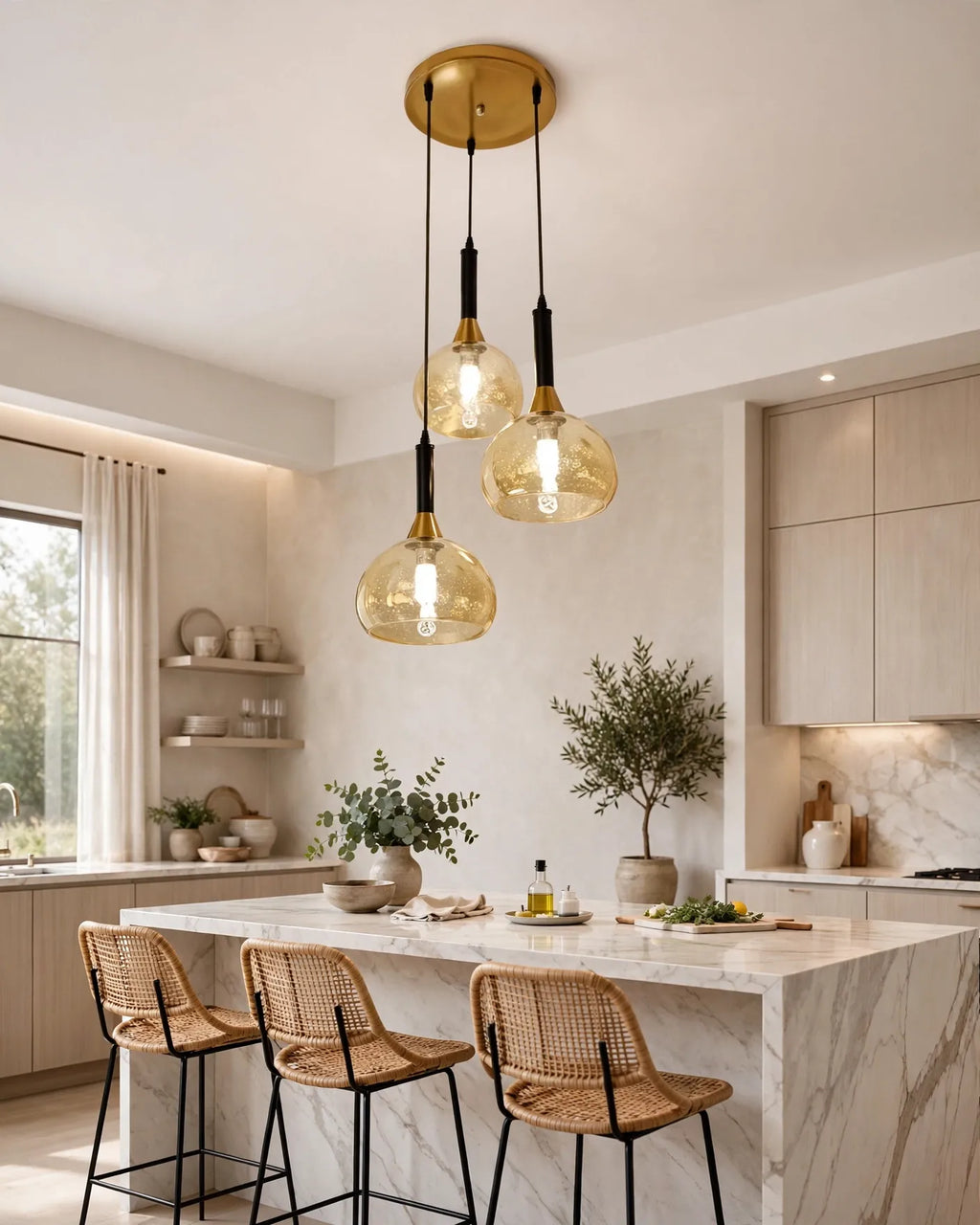 (TLD)  Golden Honey Bubble Trio Hanging Light