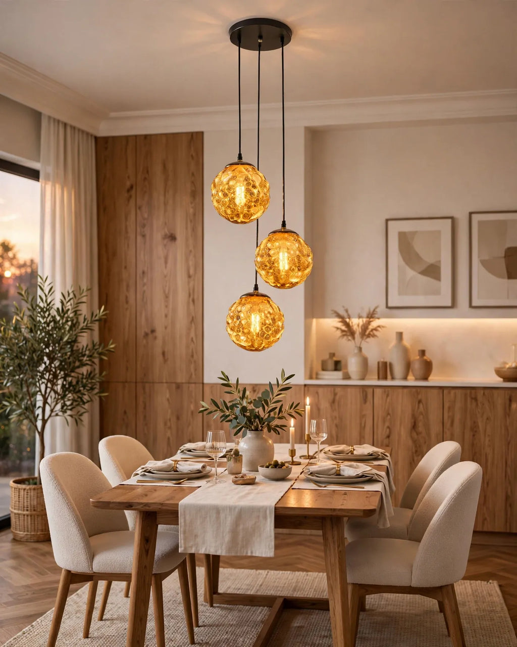 (TLD)  Amber Crackle Glass Ball Cluster Hanging Light