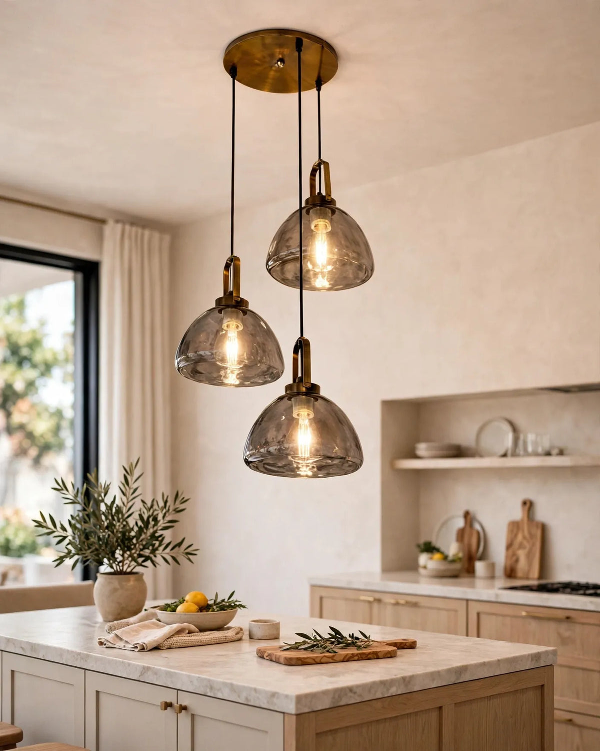 (TLD)  Trio Dome - Smoked Amber Glass Pendant Chandelier