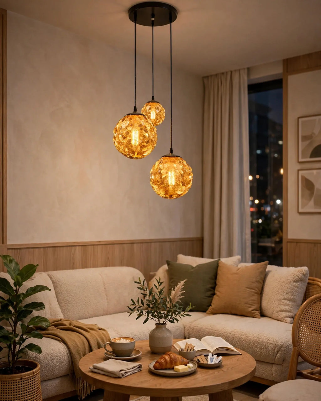 (TLD)  Amber Crackle Glass Ball Cluster Hanging Light