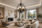(TLD) DIAMOND 5-Light Geometric Cage Chandelier - Black & Gold with Frosted Glass