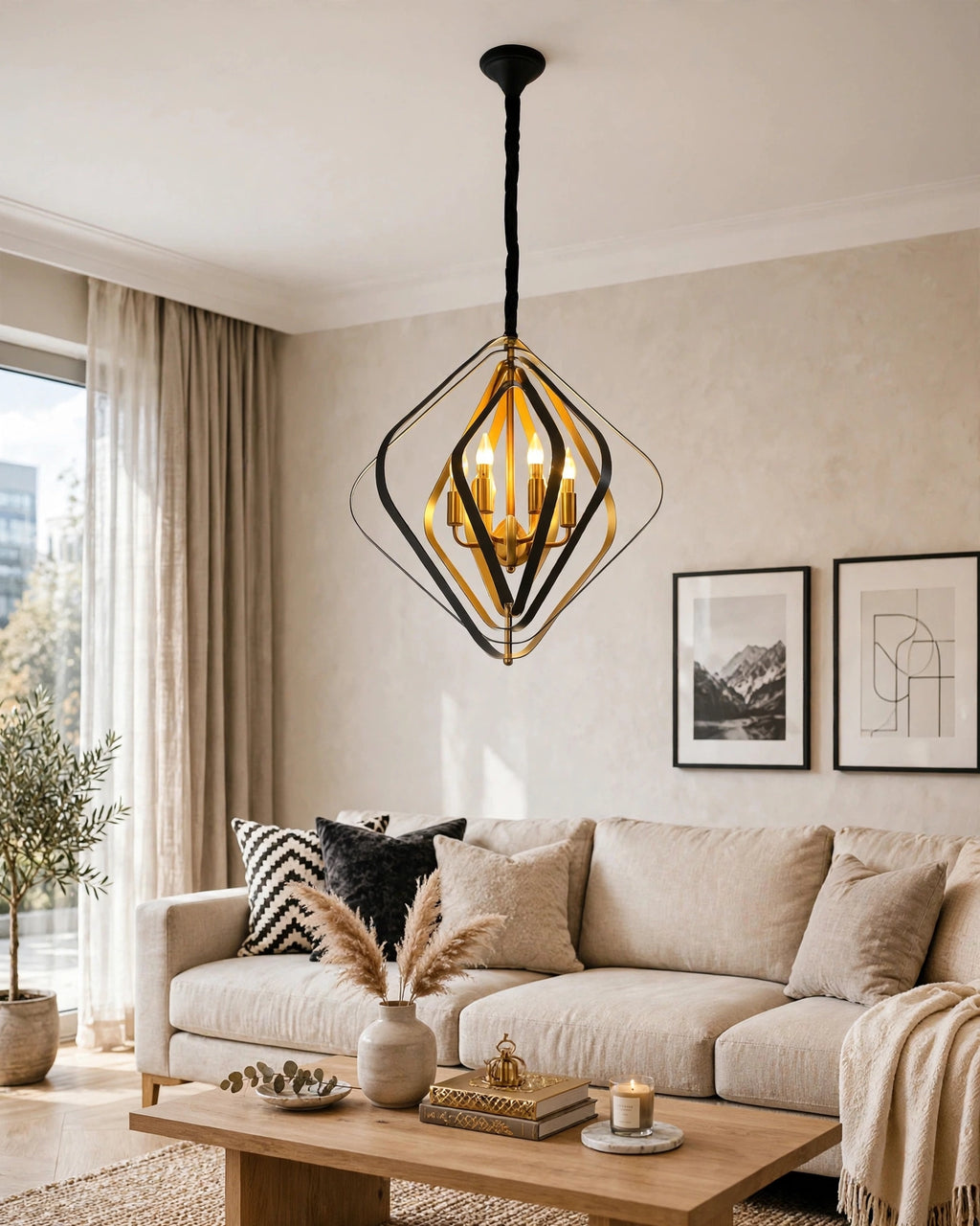 (TLD) Modern Geometric 6-Light Gold & Black Sculpted Metal Frame Chandelier