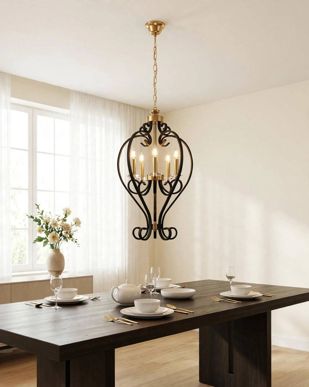 (TLD) 5-Light Black and Antique Brass Vintage Hanging Light