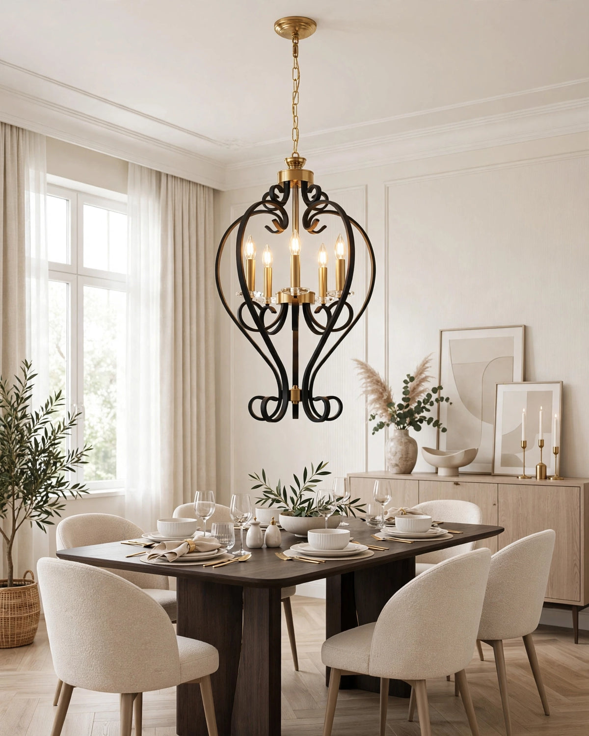 (TLD) 5-Light Black and Antique Brass Vintage Hanging Light