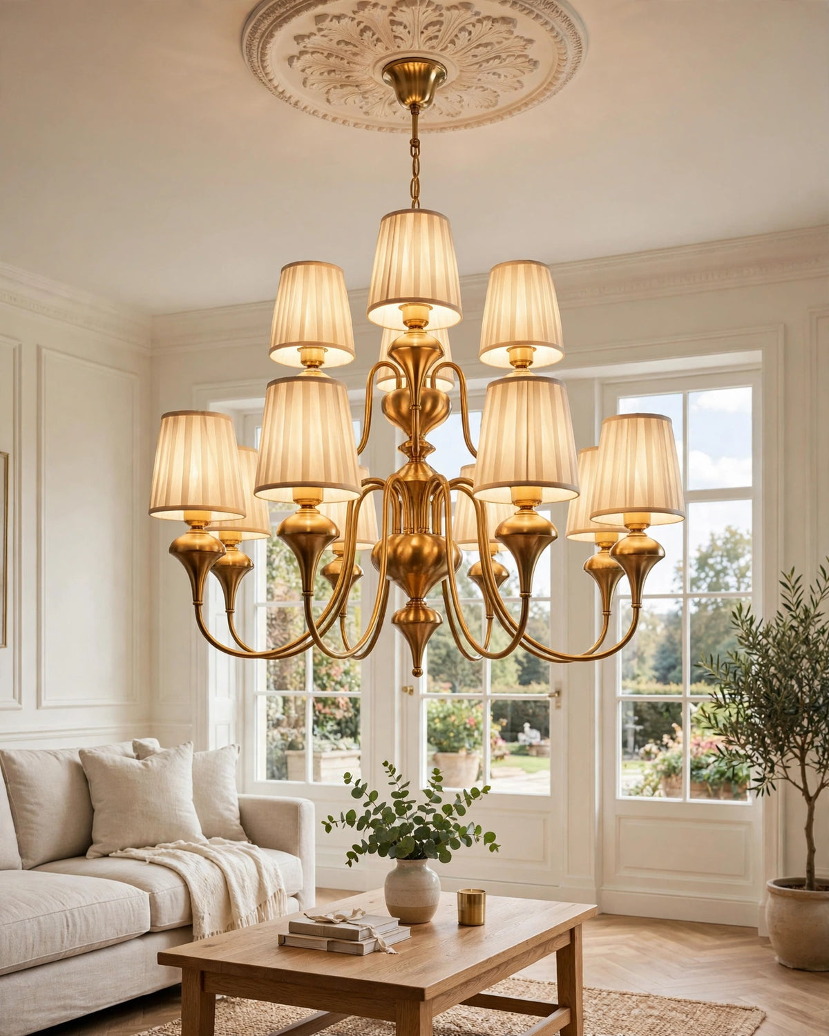 (TLD) VICTORIA 8+4-Light Vintage Fabric Chandelier in Antique Brass Finish