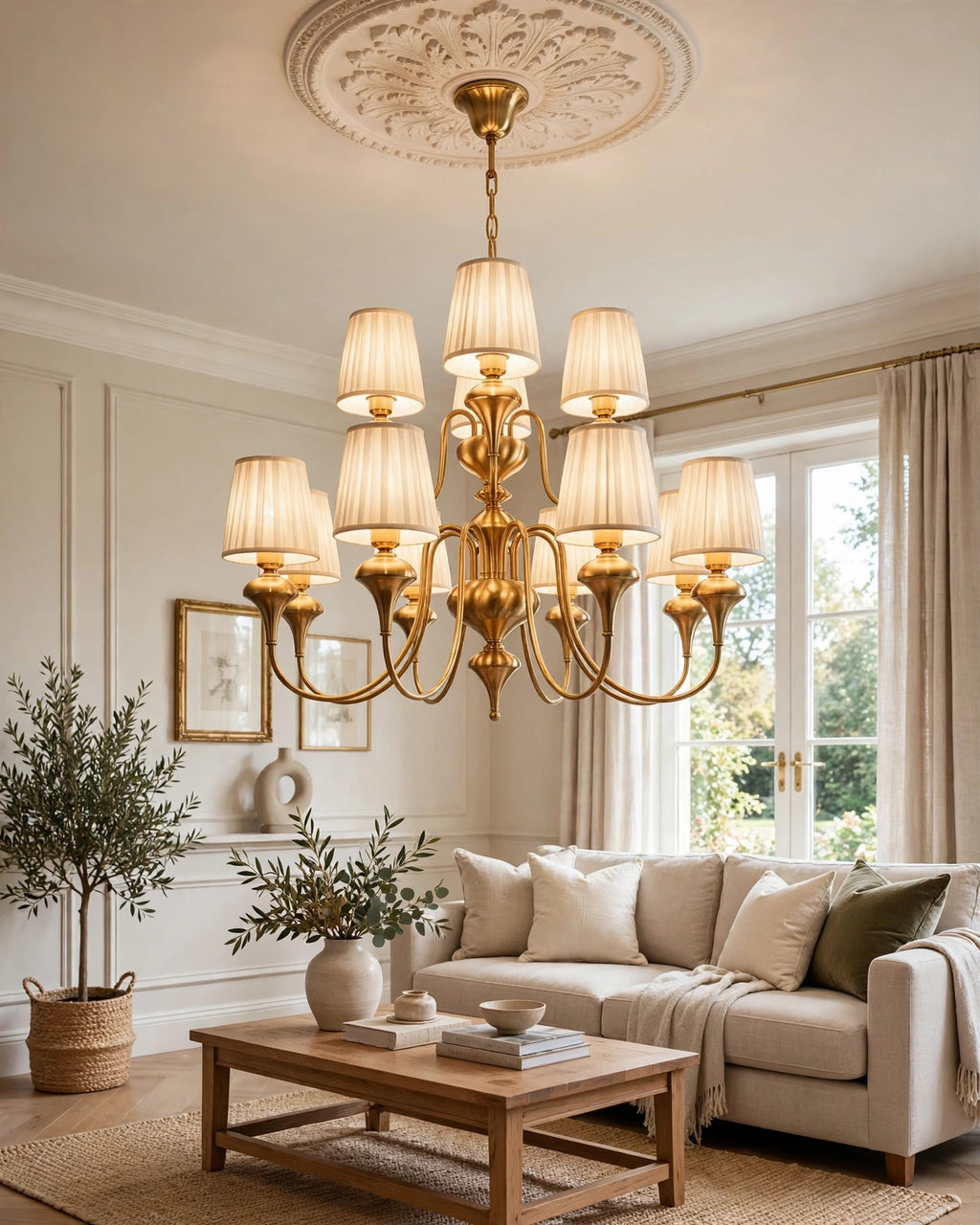 (TLD) VICTORIA 8+4-Light Vintage Fabric Chandelier in Antique Brass Finish
