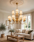(TLD) VICTORIA 8+4-Light Vintage Fabric Chandelier in Antique Brass Finish