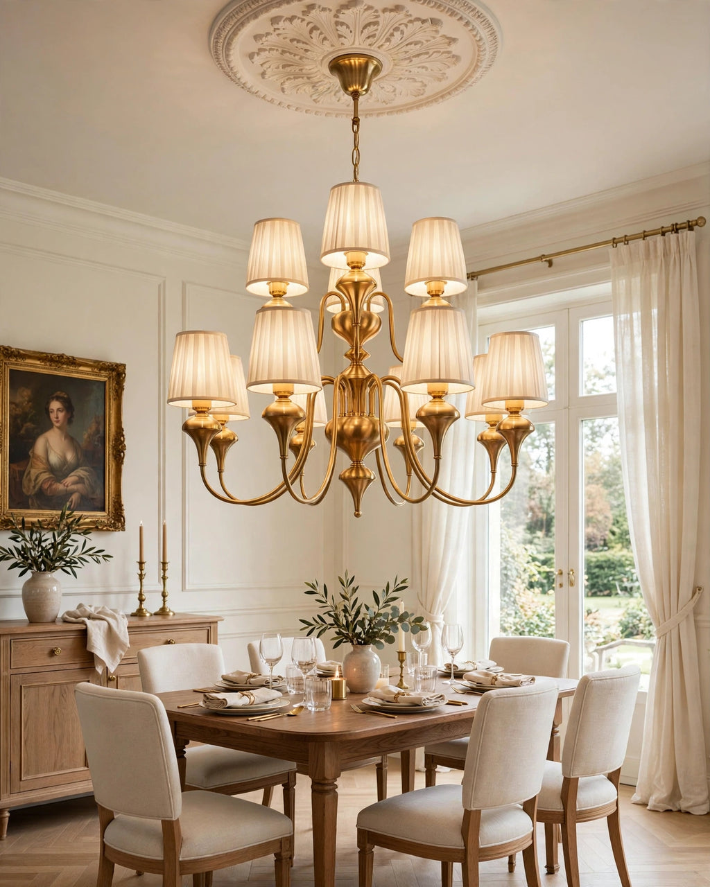 (TLD) VICTORIA 8+4-Light Vintage Fabric Chandelier in Antique Brass Finish