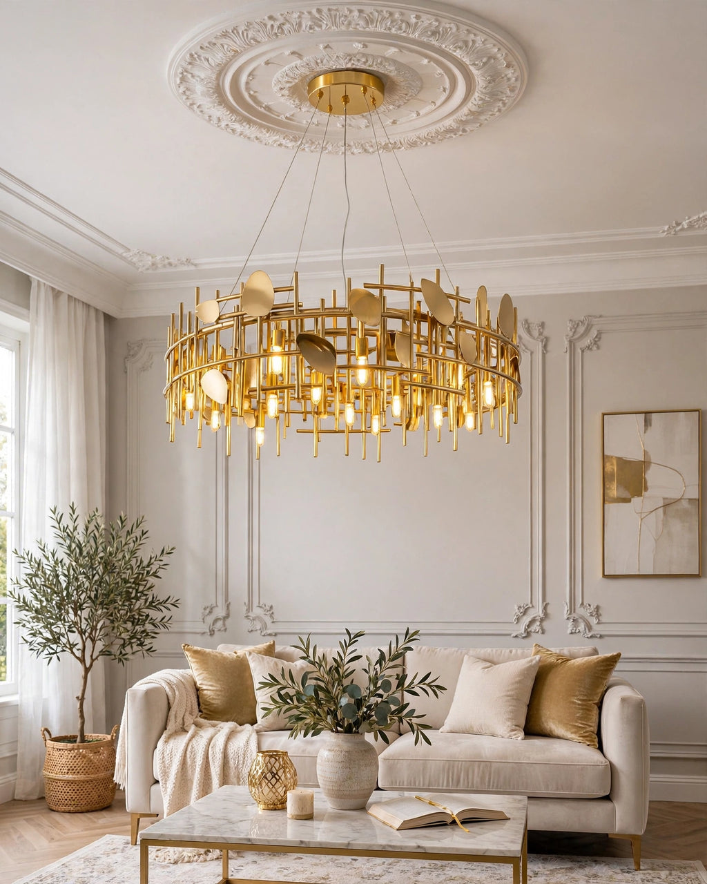 (TLD)  800 x 240 mm Metal Mess Golden Circular Modern Chandelier - Holder Type -E14