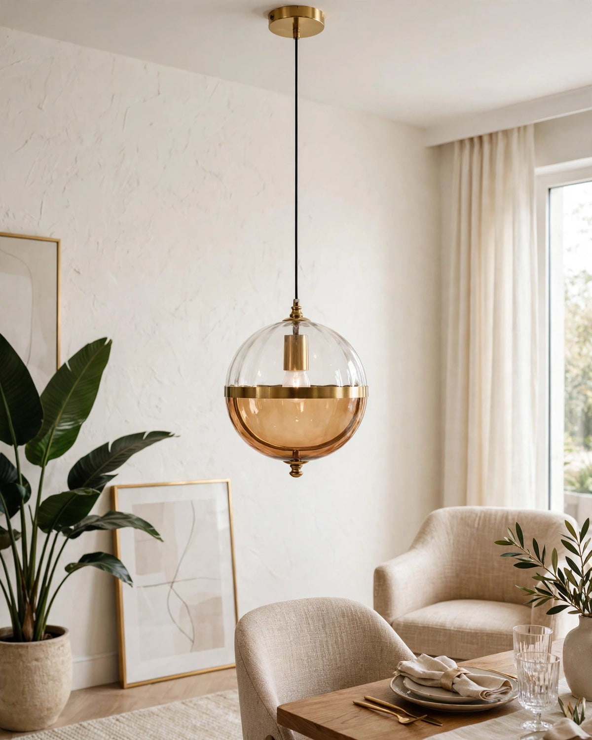 TLD Glass Globe Metal Hanging Pendant Light