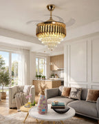 (TLD) Golden Cascade Crystal Retractable Ceiling Fan + Chandelier Light (with Remote Control)