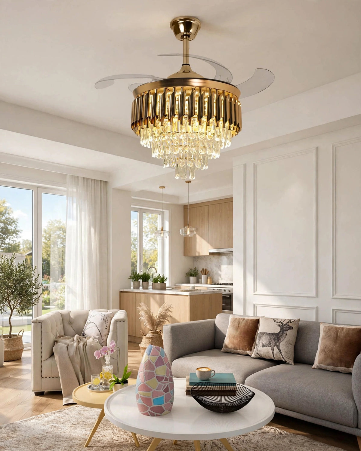 (TLD) Golden Cascade Crystal Retractable Ceiling Fan + Chandelier Light (with Remote Control)