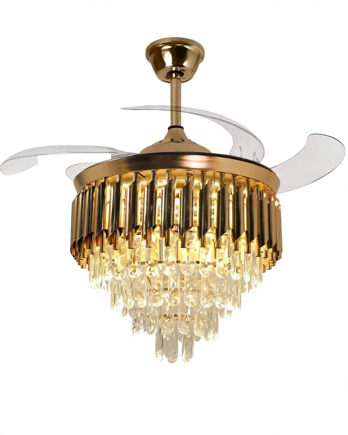 (TLD) Golden Cascade Crystal Retractable Ceiling Fan + Chandelier Light (with Remote Control)