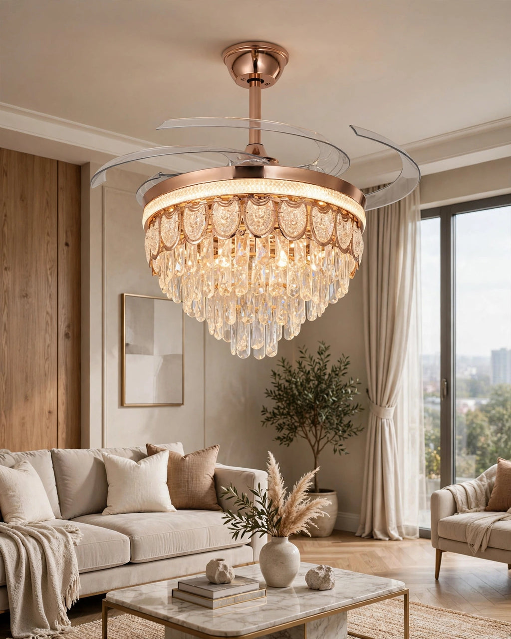(TLD) Imperial Drop Retractable Ceiling Fan + Chandelier Light (with Remote Control)