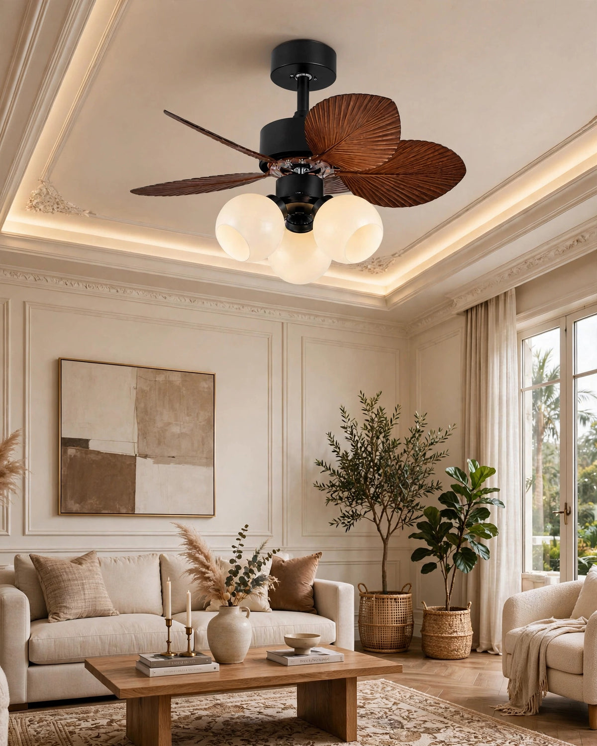 (TLD) Tropical Palm Retractable Ceiling Fan + Chandelier Light (with Remote Control)
