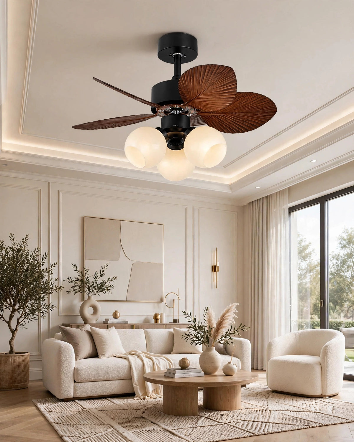 (TLD) Tropical Palm Retractable Ceiling Fan + Chandelier Light (with Remote Control)