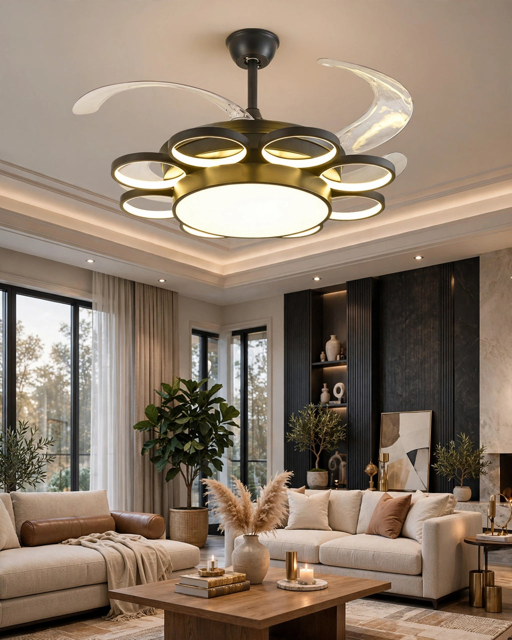 (TLD) Electa Retractable Ceiling Fan + Chandelier Light (with Remote Control)