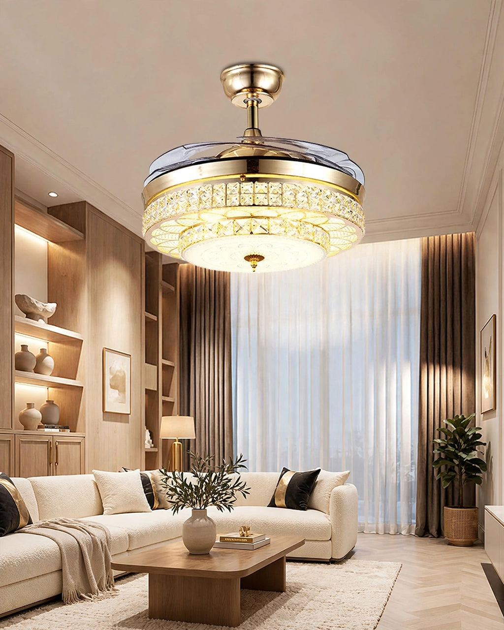 (TLD) Opulent Crystal Retractable Ceiling Fan + Chandelier Light (with Remote Control)