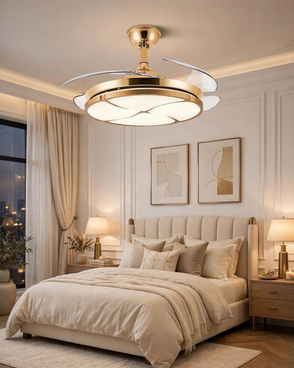 (TLD) Golden Petal Retractable Ceiling Fan + Chandelier Light (with Remote Control)